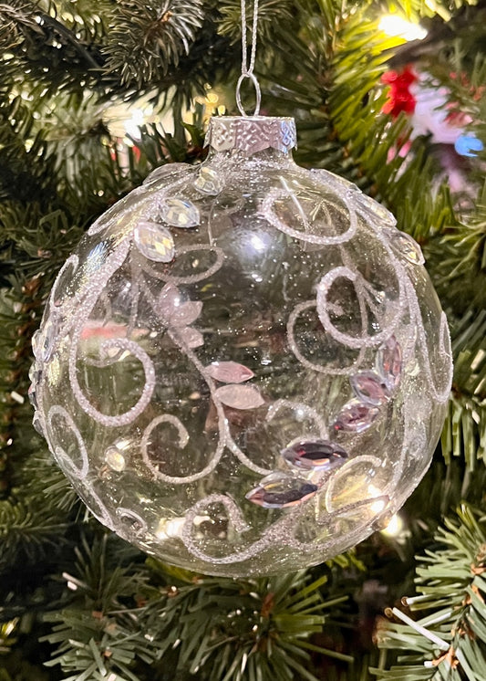 Clear Rhinestone Swirl Round Glass Ornament SPQ161