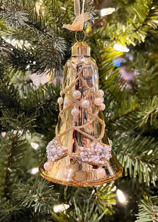 CHAMPAGNE BEADED BELL GLASS ORNAMENT SPQ180
