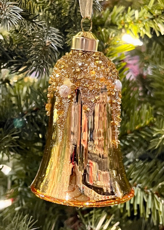 GOLD BEAD CRUSTED BELL GLASS ORNAMENT SPQ182