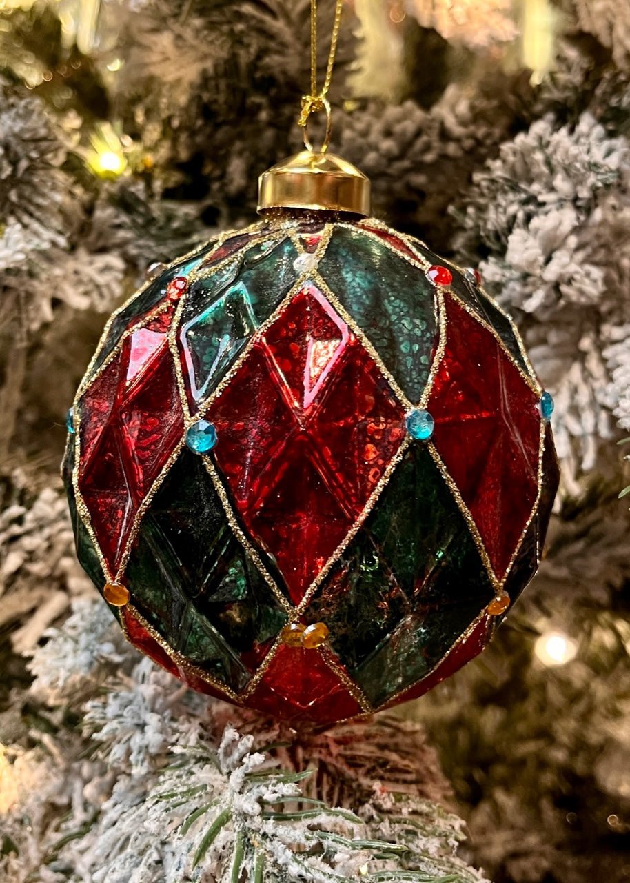 RED & GREEN HARLEQUIN ROUND GLASS ORNAMENT SPQ197
