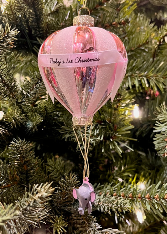 BABY'S 1ST PINK BALLOON WITH ELEPHANT GLASS ORNAMENT SPQ256