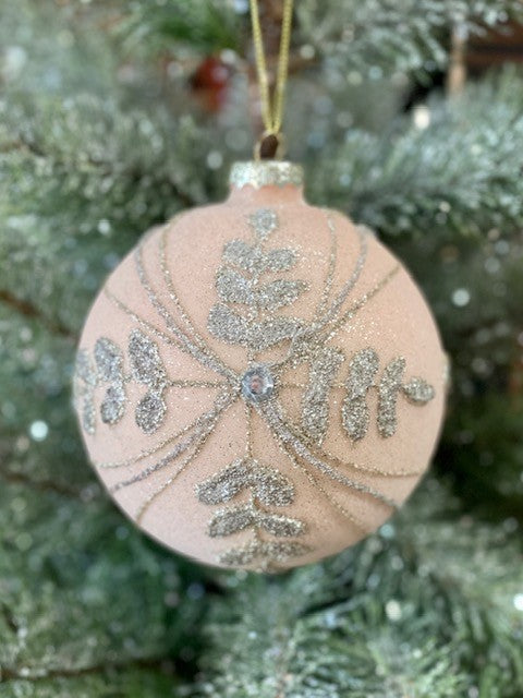 CREAM PEACH WITH GLITTER DESIGN ROUND  ORNAMENT - GQAM137