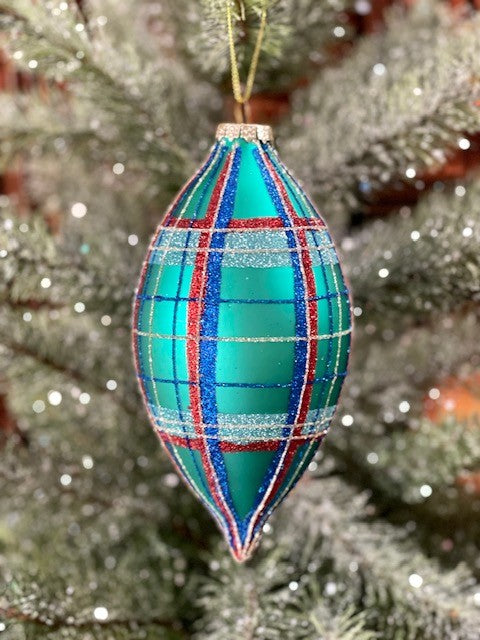 AQUA BLUE/RED TARTAN TEARDROP ORNAMENT GQAM406