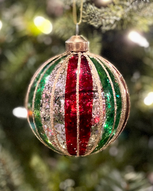 RED & GREEN STRIPE ROUND GLASS HANGING ORNAMENT DXR009