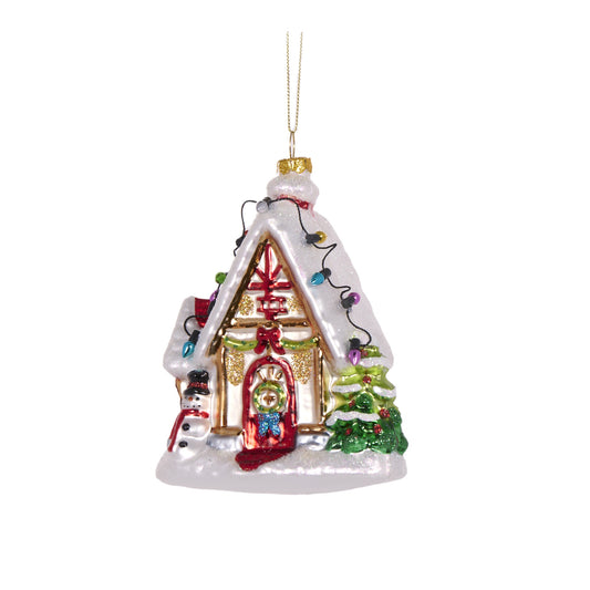 RETRO GINGERBREAD HOUSE WITH LIGHTS GLASS HANGING ORNAMENT DXM057