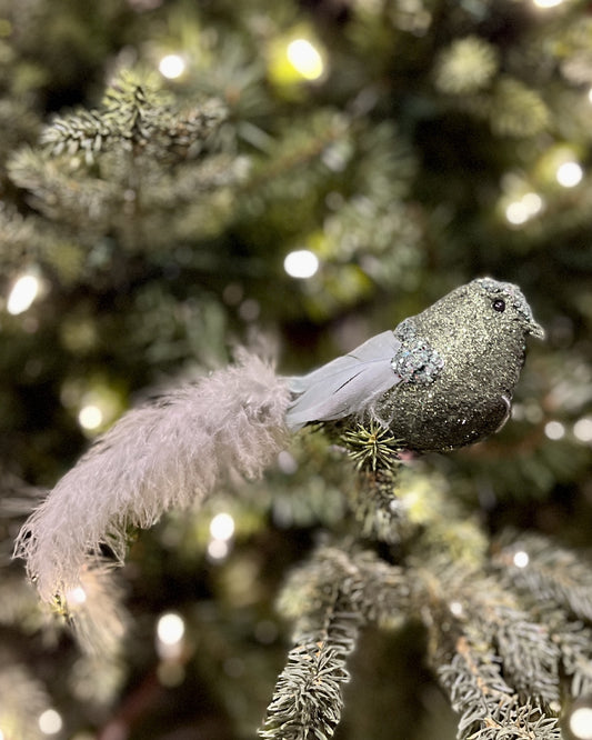 SAGE GREEN GLITTER CLIP ON BIRD DXS041
