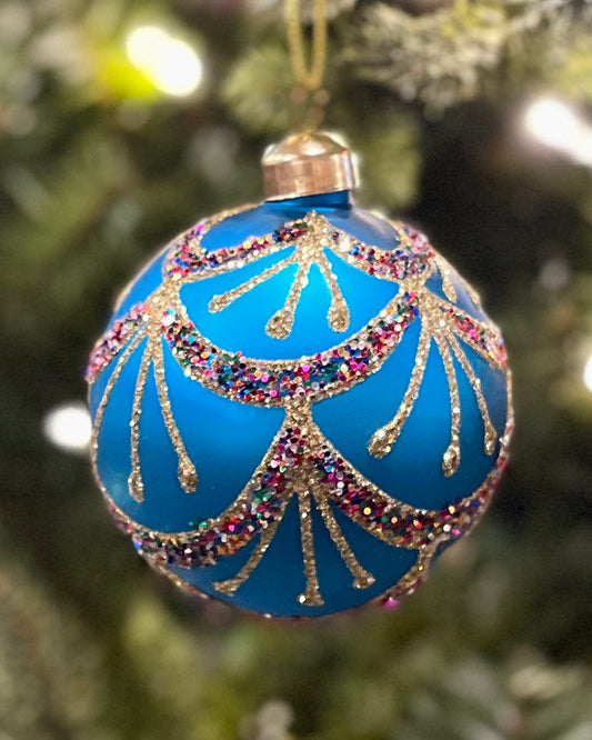 MATTE BLUE PIPED ROUND GLASS ORNAMENT DCD093