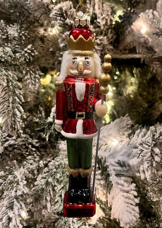 GLASS TRADITIONAL NUTCRACKER WITH STAFF HANGING ORNAMENT EXW009