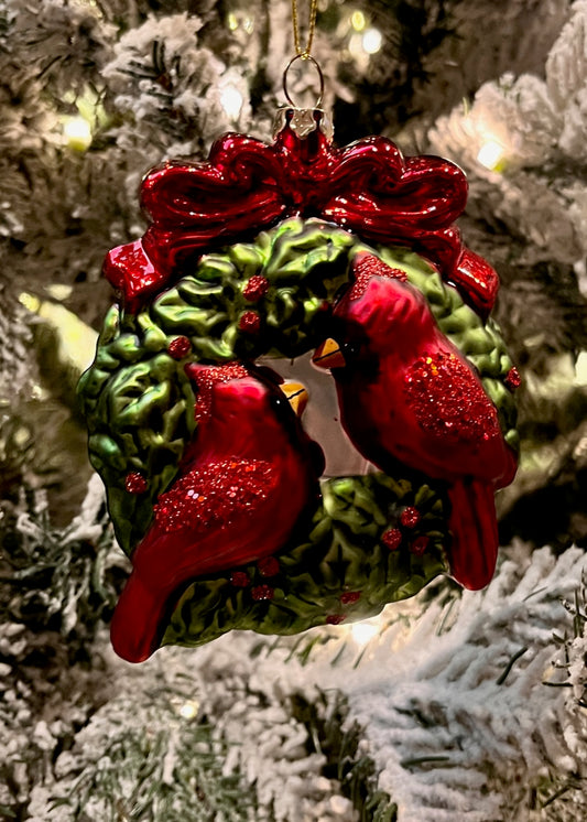 GLASS TWIN CARDINAL HANGING ORNAMENT EXW012