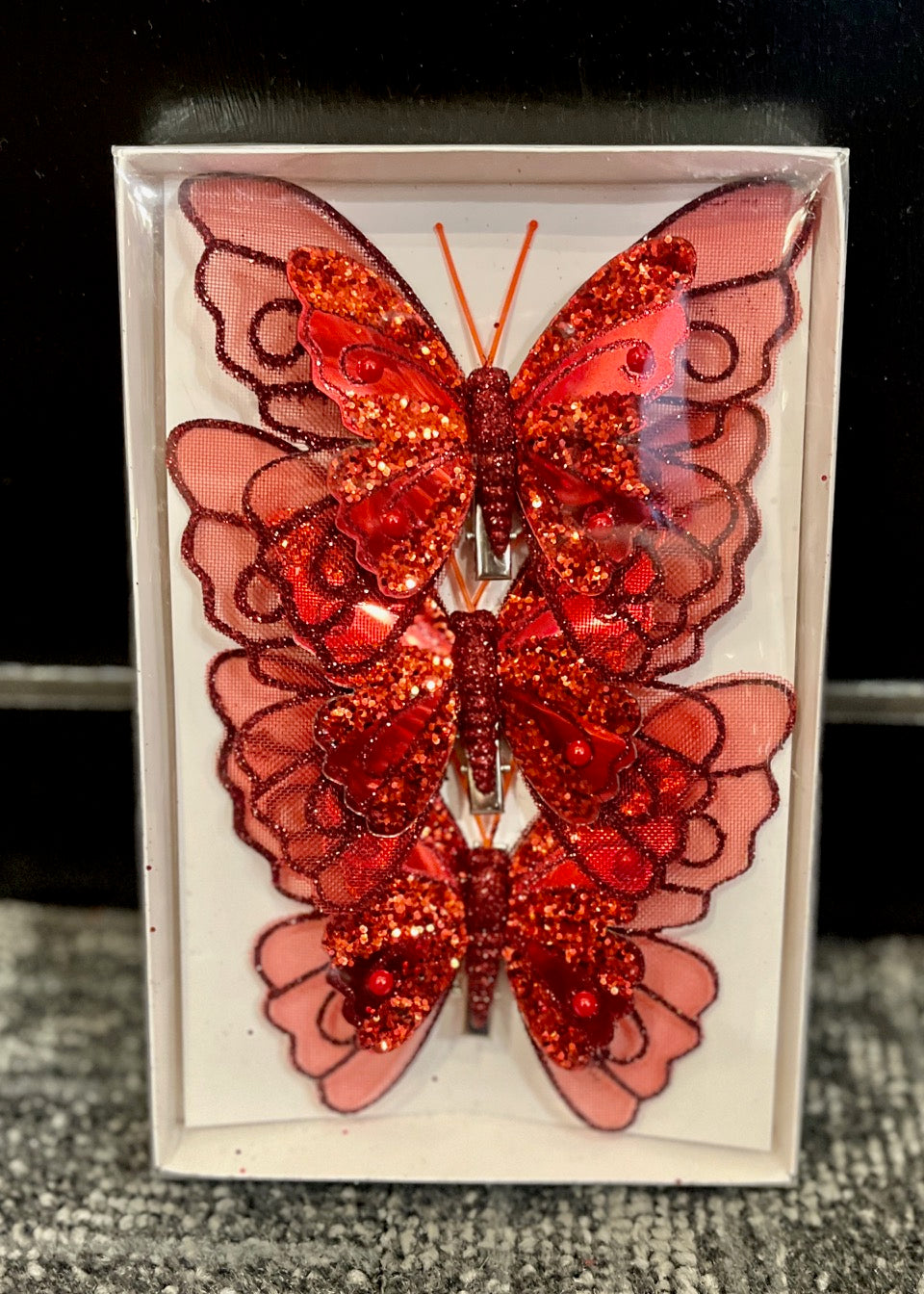3 PACK BURGUNDY EMBELLISHED CLIP ON BUTTERFLIES ECY037