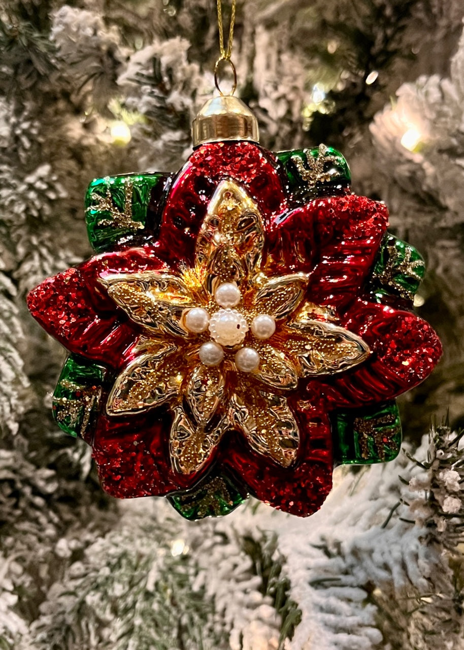 RETRO POINSETTIA GLASS ORNAMENT ECI017