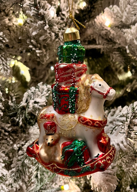 FESTIVE TRADITIONAL ROCKING HORSE GLASS ORNAMENT ECI026