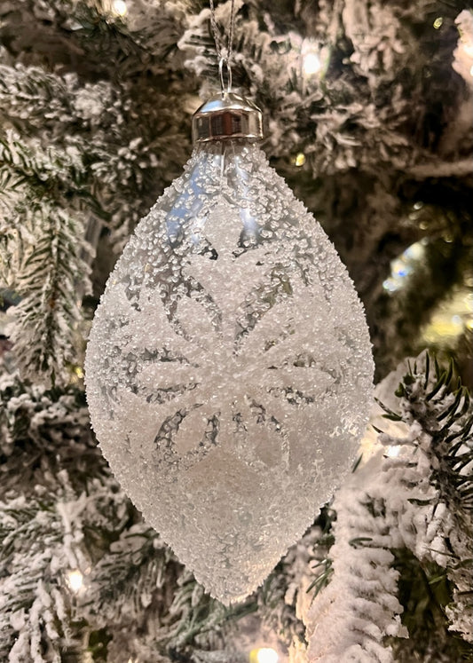 CLEAR FROSTED WHITE SNOWFLAKE  TEARDROP GLASS ORNAMENT ECI069