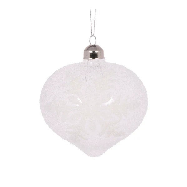 CLEAR FROSTED WHITE SNOWFLAKE ONION GLASS ORNAMENT ECI070