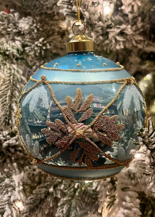 BLUE EMBELLISHED DECO ROUND GLASS ORNAMENT ECI143