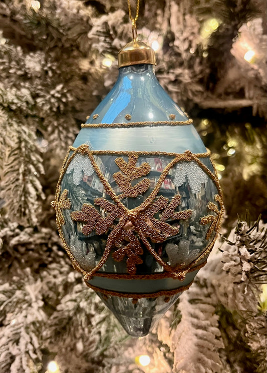 BLUE EMBELLISHED DECO TEARDROP GLASS ORNAMENT ECI145