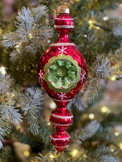RETRO RED WITH GREEN CENTRE FINIAL HANGING ORNAMENT ECI176