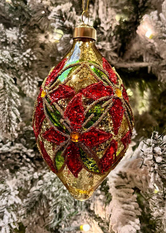 TRADITIONAL BEADED FLORAL TEARDROP GLASS ORNAMENT ECI203