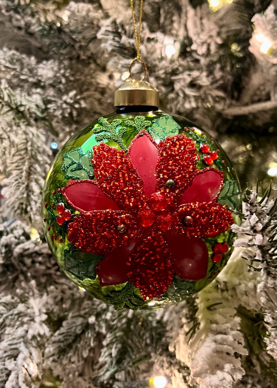 ELABORATE GREEN WITH RED POINSETTIA GLASS ORNAMENT ECI205