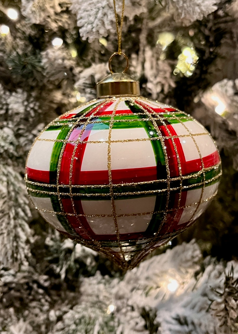 WHITE WITH RED/GREEN/GOLD TARTAN ONION GLASS ORNAMENT ECI209