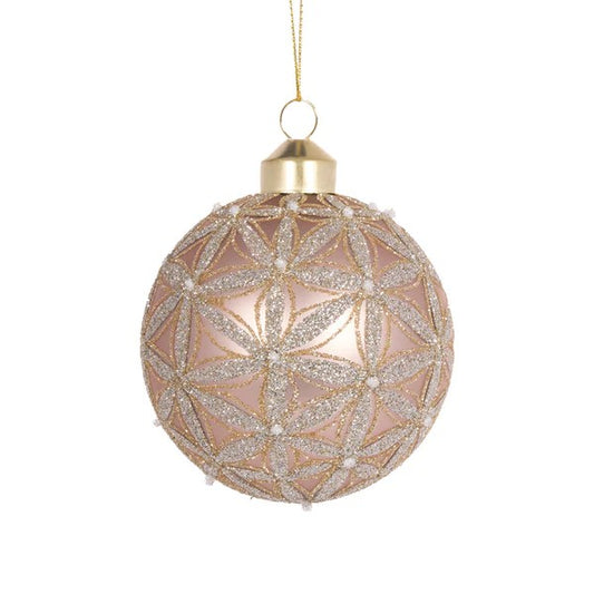 CHAMPAGNE BEIGE FLORET GLASS ROUND ORNAMENT ECG001