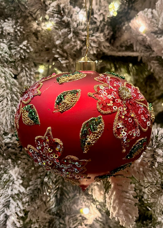 MATTE BEADED POINSETTIA ONION GLASS ORNAMENT ECG018