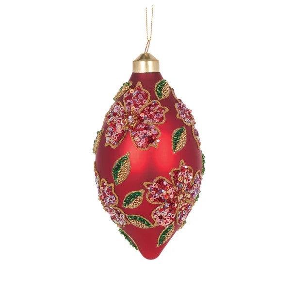 MATTE BEADED POINSETTIA TEARDROP GLASS ORNAMENT ECG019