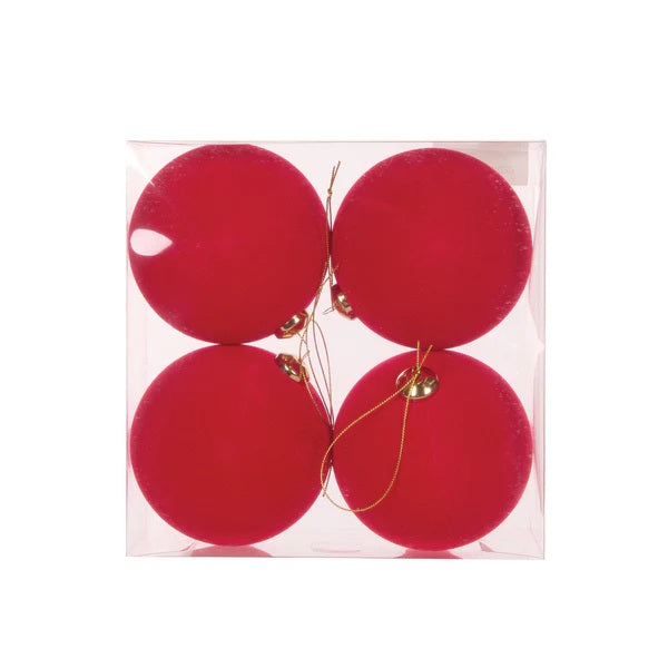4PK RED FLOCKED BAUBLES EXM032