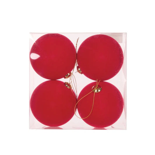 4PK RED FLOCKED BAUBLES EXM032