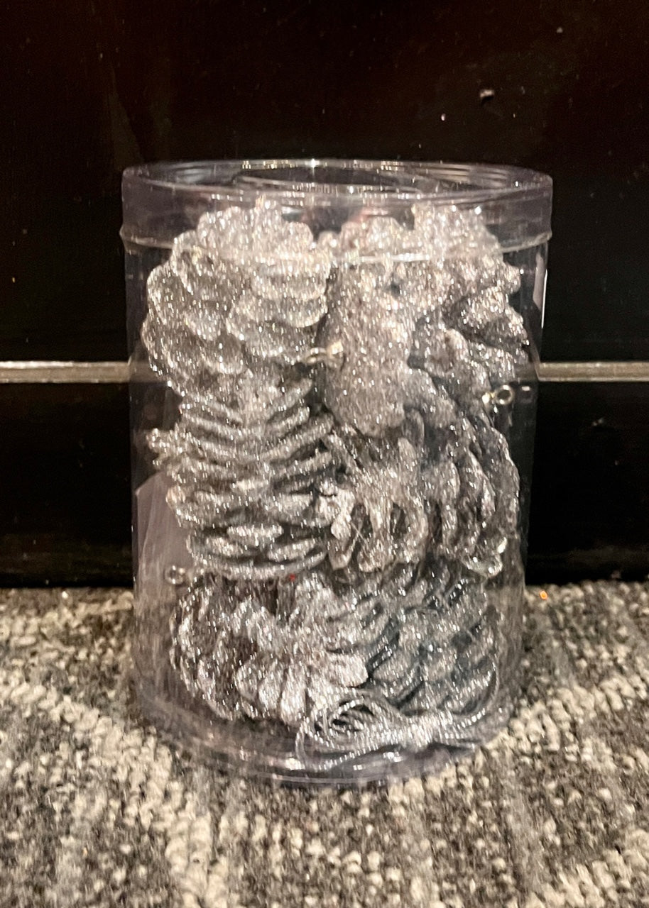 12 PACK MINI SILVER GLITTER PINECONES EXE065