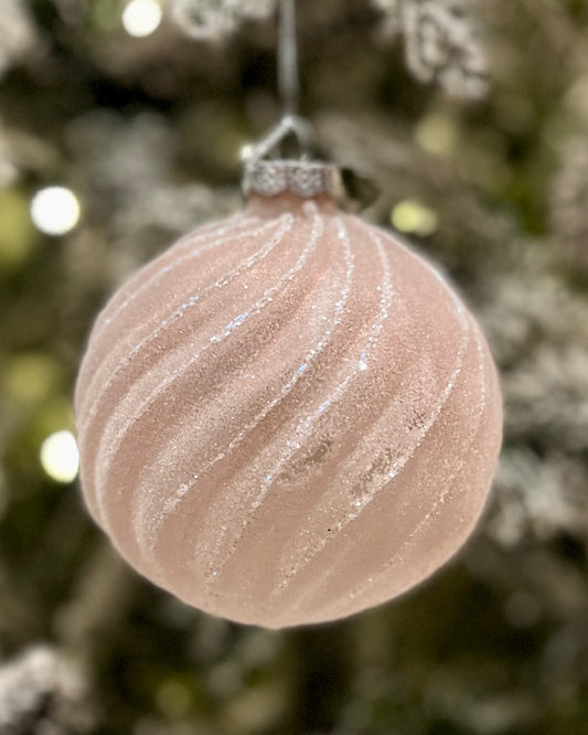 ICED PINK SWIRL ROUND GLASS HANGING ORNAMENT RAM217