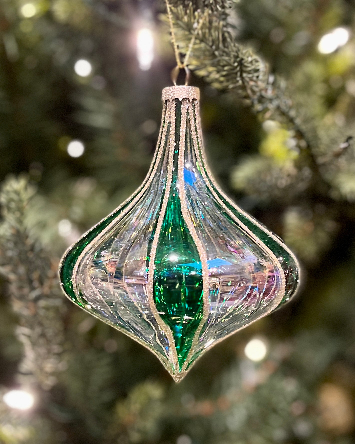 GREEN CLEAR STRIPED ONION DROP GLASS HANGING ORNAMENT RAM229