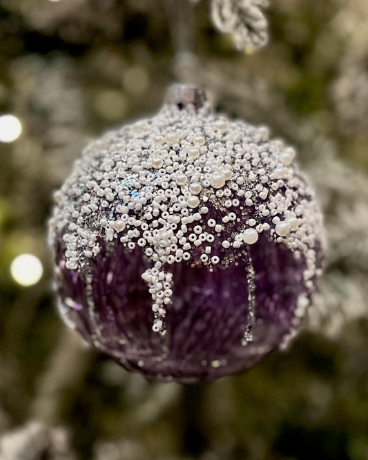 MAUVE GLITTER DRIP ROUND GLASS HANGING ORNAMENT RAM294