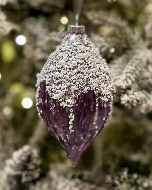 MAUVE GLITTER DRIP TEARDROP GLASS HANGING ORNAMENT RAM295