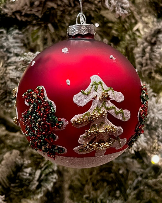 RED W/ TREES ROUND GLASS HANGING ORNAMENT RAM385