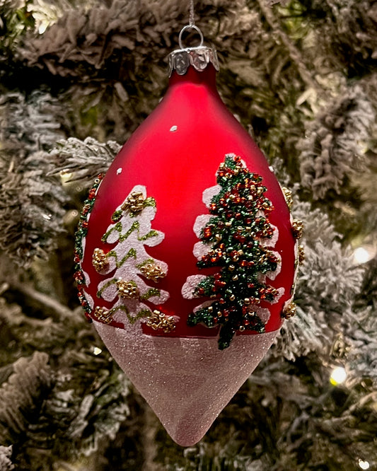 RED W/ TREES GLASS TEARDROP HANGING ORNAMENT RAM386