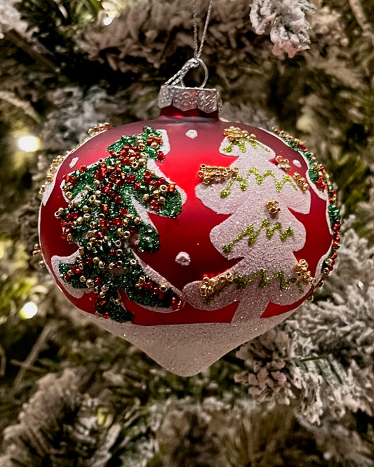 RED W/ TREES GLASS ONION HANGING ORNAMENT RAM387