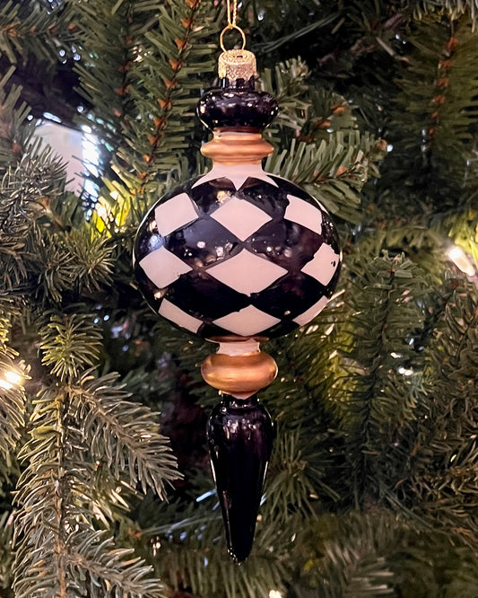BLACK WHITE & GOLD CHECK FINIAL HANGING ORNAMENT RAM463