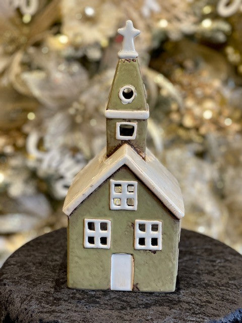 ALSACE TEALIGHT CHURCH OLIVE GREEN YA0041