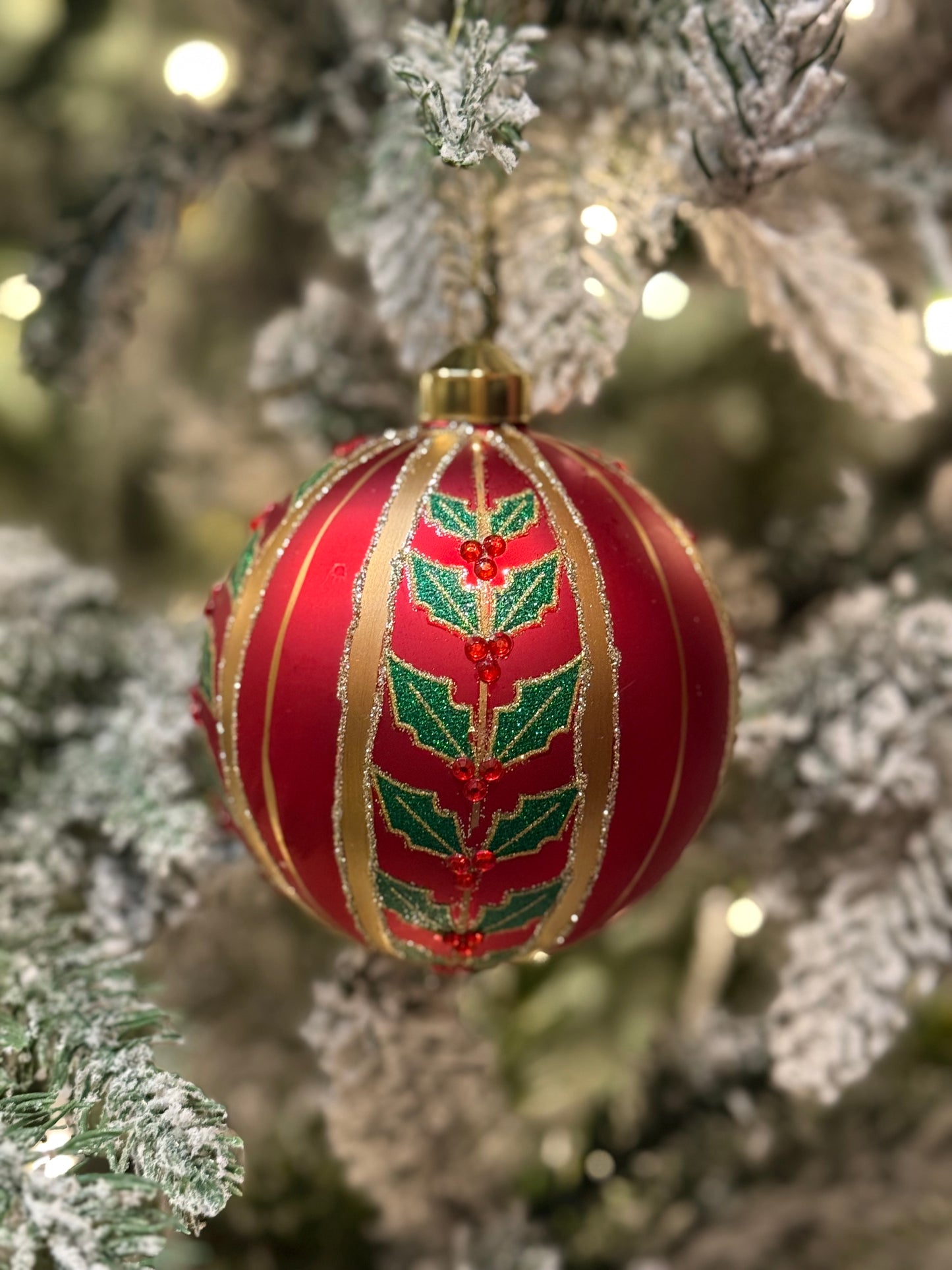 MATTE RED AND HOLLY STRIPPED GLASS ORNAMENT ECG013