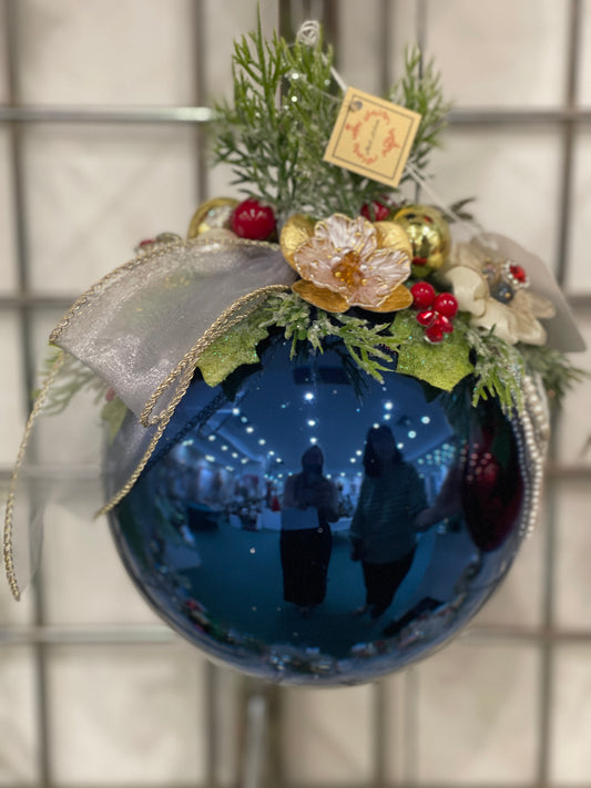 MARK ROBERTS FLORAL JEWELED SHINY DARK BLUE 7.5 INCH ROUND ORNAMENT 36-54324