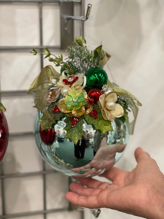 MARK ROBERTS FLORAL JEWELED SHINY BLUE 7.5 INCH ROUND ORNAMENT 36-54322