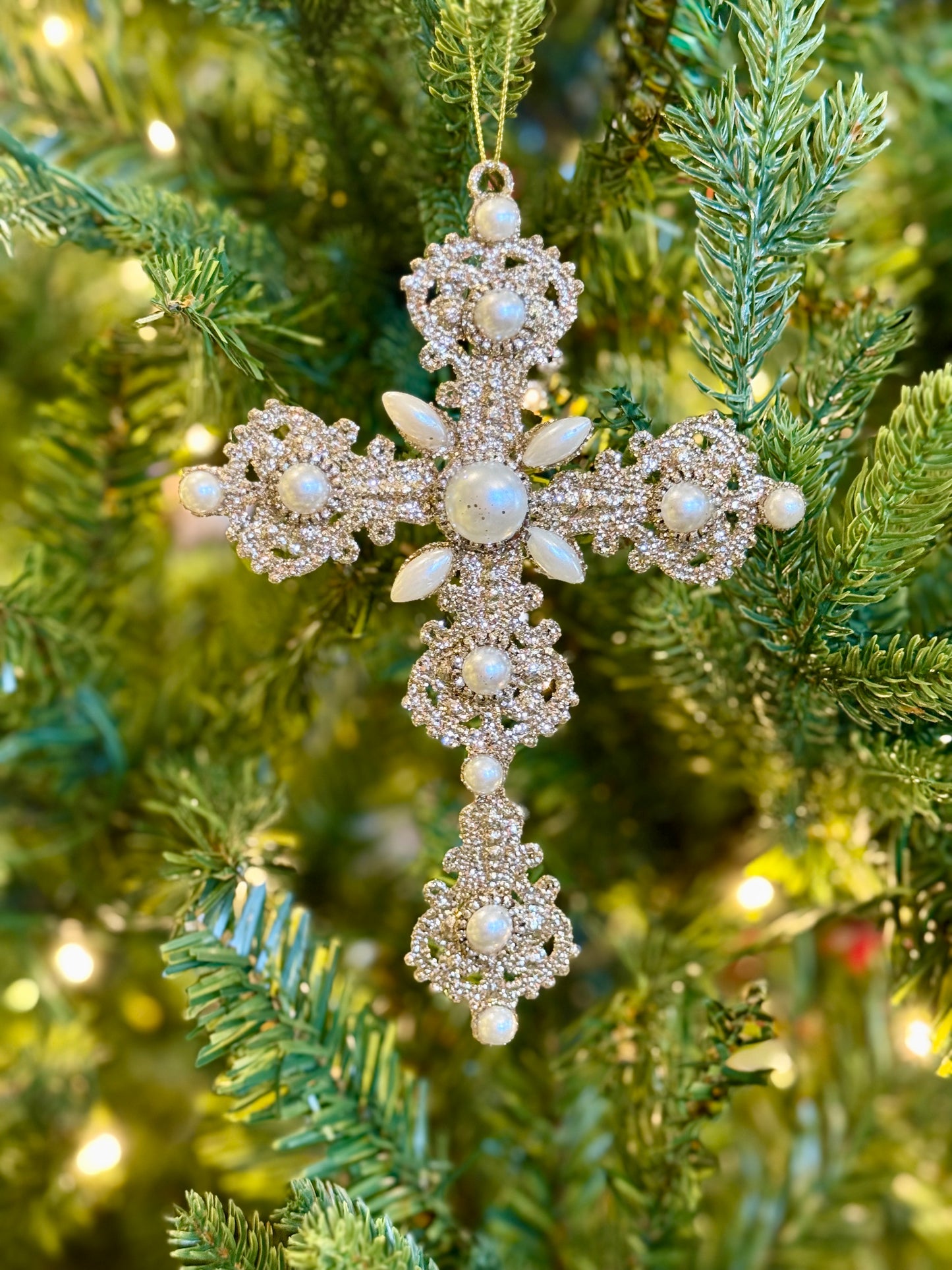 Gold Glitter + Pearl Cross Ornament 4516301