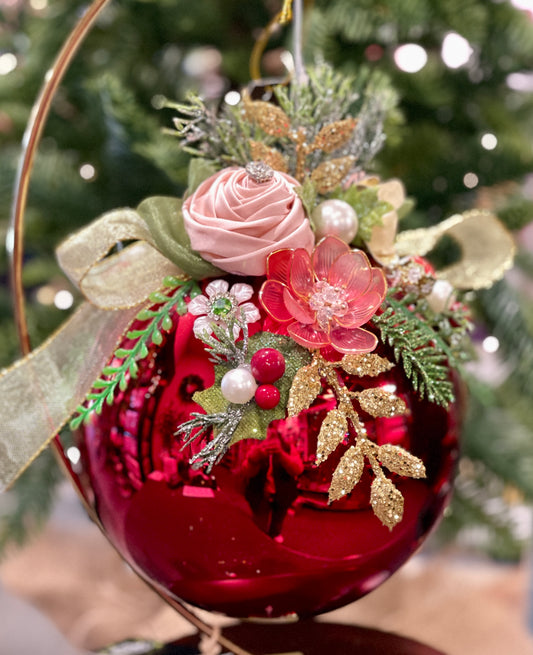 MARK ROBERTS FLORAL JEWELED SHINY RED 8 INCH ROUND ORNAMENT 36-54334