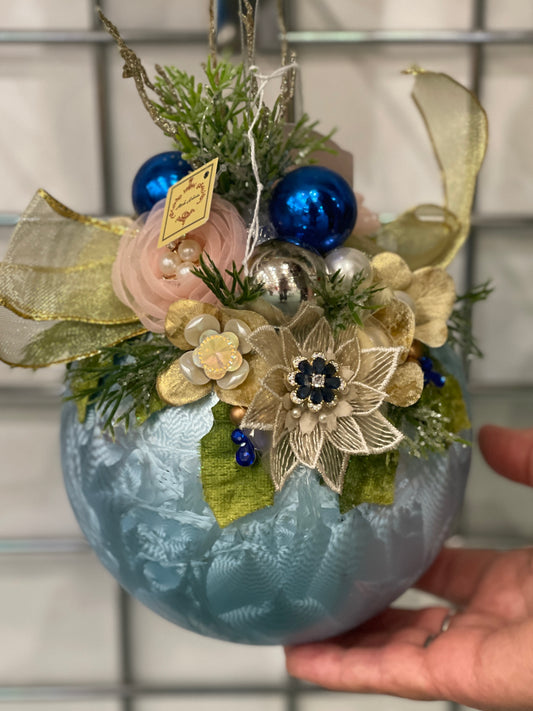 MARK ROBERTS FLORAL JEWELED FROSTED LIGHT BLUE 8 INCH ROUND ORNAMENT 36-54326