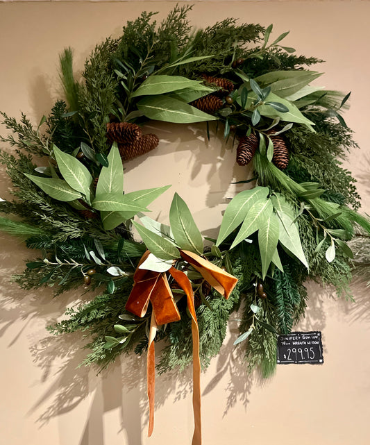 76 CM LUXE JUNIPER FOLIAGE WITH GUM LEAF WREATH WITH BOW DXV067