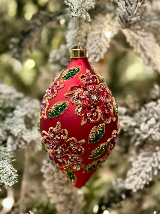 MATTE BEADED POINSETTIA TEARDROP GLASS ORNAMENT ECG019