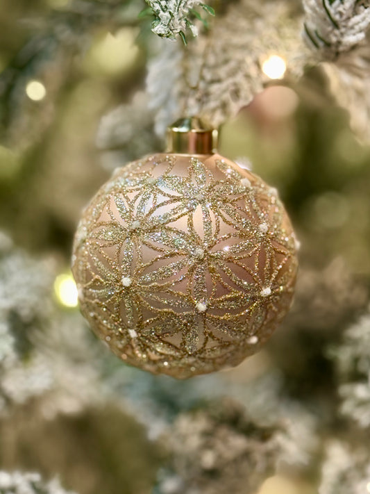 CHAMPAGNE BEIGE FLORET GLASS ROUND ORNAMENT ECG001