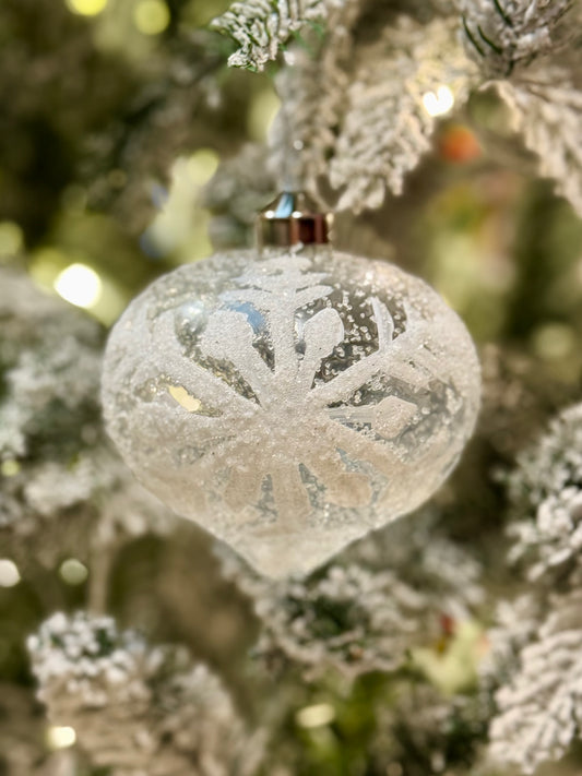 CLEAR FROSTED WHITE SNOWFLAKE ONION GLASS ORNAMENT ECI070