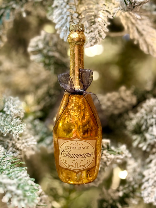 GOLD EXTRA FANCY CHAMPAGNE BOTTLE GLASS HANGING ORNAMENT YAN337